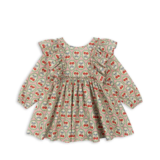 Evia LS Bow Dress GOTS, Cherry Bow